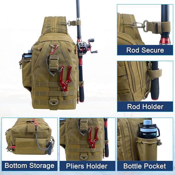 OROOTL Fishing Backpack Tackle Bag with Rod Holder Waterproof Fishing Sling Bag Storage Backpack Ideal Gifts for Men, Large