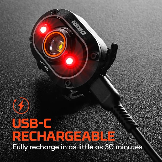 NEBO MYCRO 450 Rechargeable Headlamp | 450 Lumens, 6 Light Modes, Water Resistant, Detachable Hat Clip, Super Bright Head Lamp for Camping & Hiking, Includes USB Charging Cable — Gray