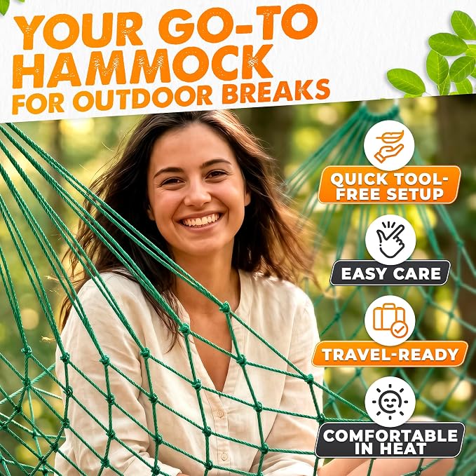 Mesh Hammock - Loop & Lounge Between Two Trees, Rope Hammocks for Outside Camping - No Stand Needed, 220 lb Capacity, Lightweight 13 oz Nylon Net Bed for Backyard Garden Patio Beach Travel, Green