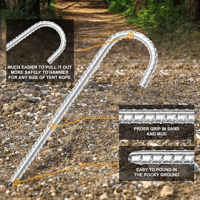 ABCCANOPY 12 inch Heavy Duty Ground Stakes J Hooks for Camping Tent Heavy Duty Metal Ground Anchors, 8 Pack