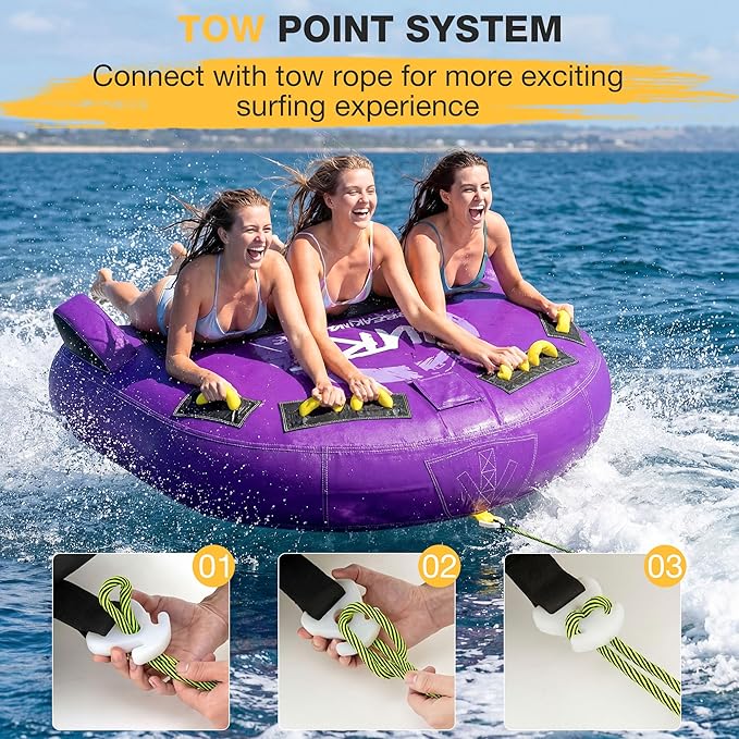 3-Person Deck Towable Tubes for Boating with Winged Side Bolsters and Towable Rope, Padded Bolster Guard Handles & Quick-Connect Tow Point