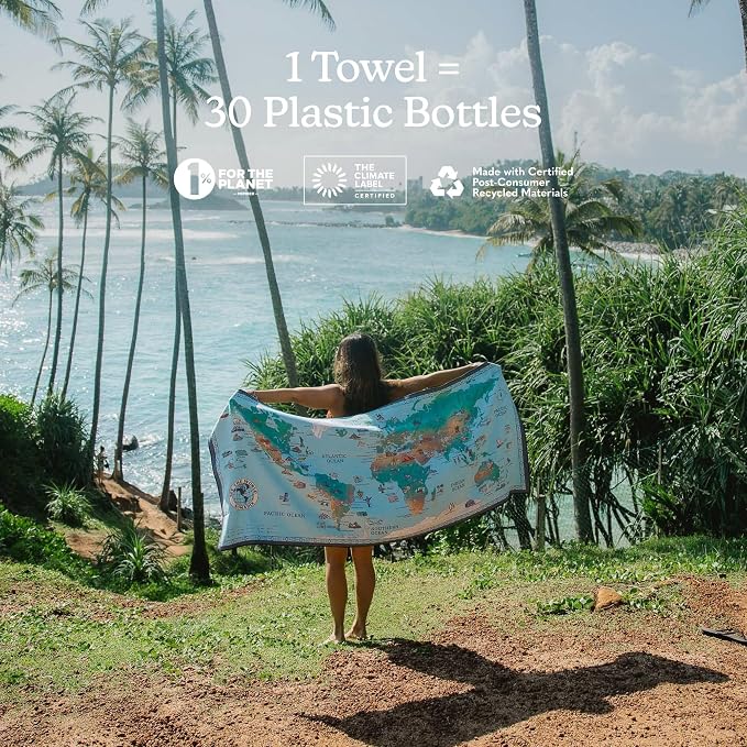 Nomadix Original Towel – Fast-Drying, Ultra-Absorbent, Sand-Resistant & Made from Recycled Materials - World Map - 72.5" x 30"
