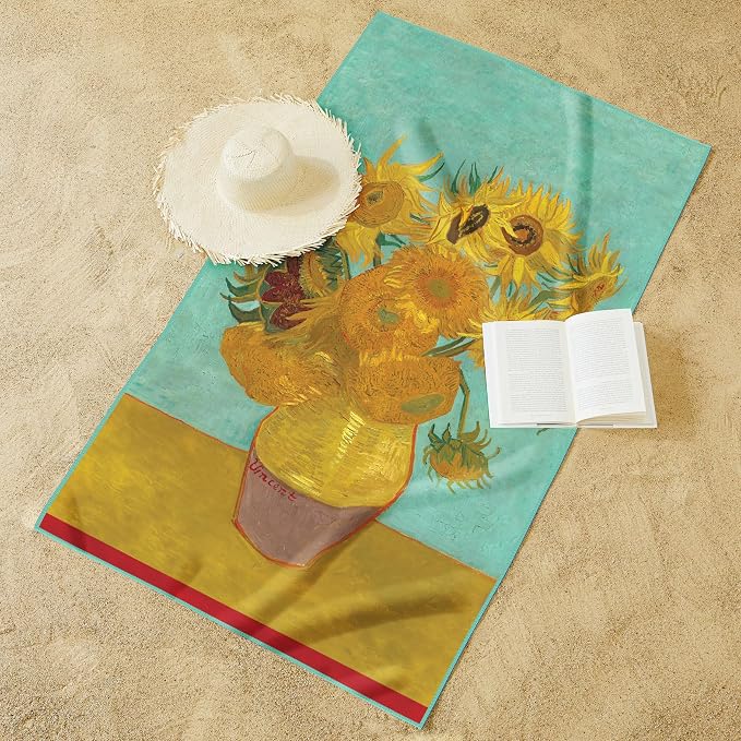 Large Oversized Microfiber Beach Towel - 40x63 Inches, Sand-Free, Quick-Drying, Ultra-Soft, Ideal for Travel, Pool, Yoga, and Camping - Includes Matching Drawstring Travel Pouch, van Gogh Sunflowers