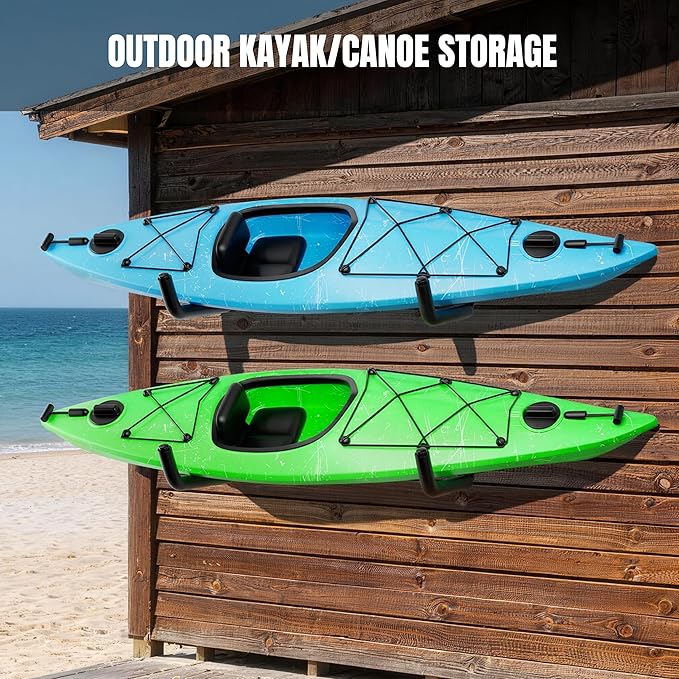 4 Pack Kayak Wall Mount Rack, Heavy Duty 120 LBS Garage Storage Hooks, 15 Inch Wide Utility Hangers for Canoe, SUP, Surfboard, Ladders, Lumber & Tools (Black)