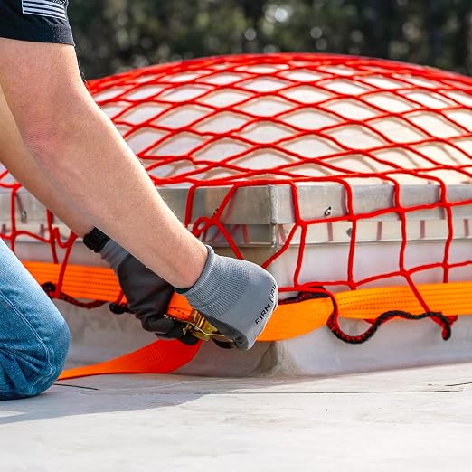 Tie Down Safety Portable Skylight Netting System | Bright Orange OSHA Compliant Temporary Fall Protection | Walking & Working Surface Safety Net | Includes Straps, Hooks & Carry Bag | 7x7 ft