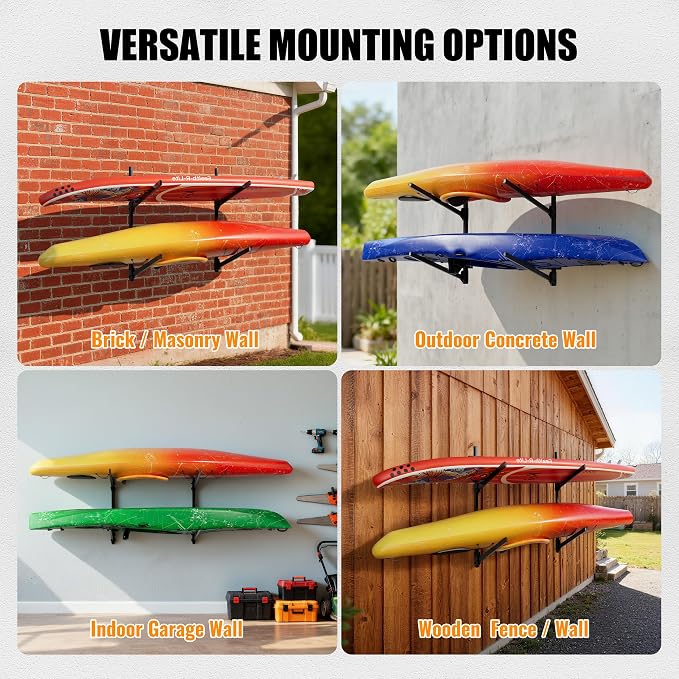 2-Tier Foldable Kayak Wall Mount Rack - Heavy Duty Steel Storage Hanger for Garage, Holds Kayaks, Canoes, Paddleboards - Space-Saving Swing-Away Design (Black)