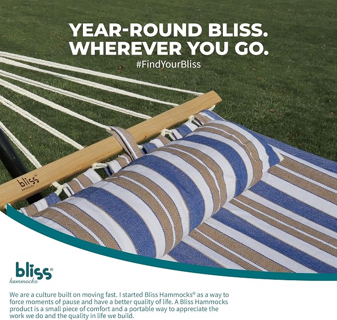 Bliss Hammocks BH-404H 48in Wide Caribbean Hammock w/Pillow, Poolside Patio Backyard Hammock, Includes Straps & Chains, Eco Friendly Polyester & Cotton Blend, 265 Pound Capacity, Nautical Stripe