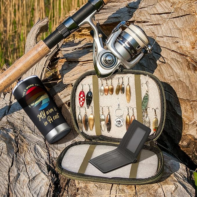 Hahafelt 5 Pcs Fishing Gifts for Men Sets Fishing Gifts Include Blanket 20 oz Stainless Steel Cup Socks Wallet Stainless Keychain for Who Love Fish Lover Dad Grandpa