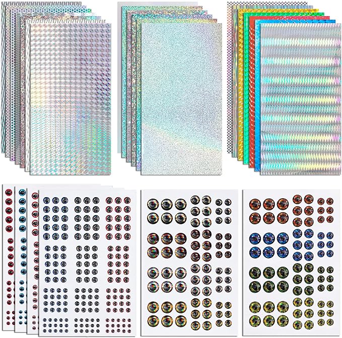 876 Pcs Fishing Lure Stickers & Eyes Kit, 3D/4D/5D Realistic Fishing Lure Eyes & 20 Pcs Holographic Adhesive Flash Tapes Sticker for Fly Tying Streamers Lures Crafts