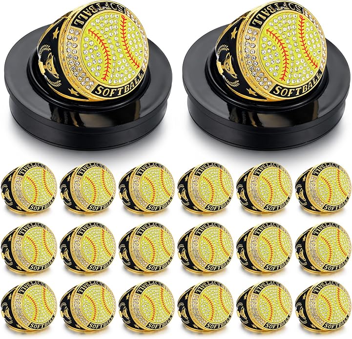 Highergo 20 Pcs Baseball Softball Basketball Football Champion Rings with Display Neck Chain and Stand Volleyball Soccer Cheer Trophy Rings Bulk for Tournament Award Gift