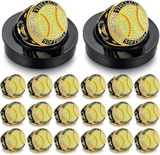 Highergo 20 Pcs Baseball Softball Basketball Football Champion Rings with Display Neck Chain and Stand Volleyball Soccer Cheer Trophy Rings Bulk for Tournament Award Gift