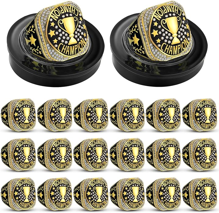 Highergo 20 Pcs Baseball Softball Basketball Football Champion Rings with Display Neck Chain and Stand Volleyball Soccer Cheer Trophy Rings Bulk for Tournament Award Gift