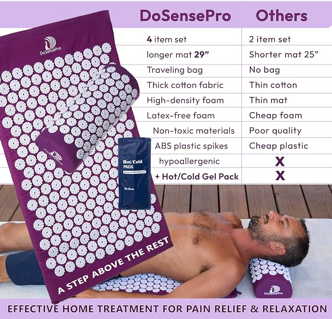 Acupressure Mat & Pillow Set – Extra-Long 29” Acupressure Therapy for Back & Neck Pain Relief, Sciatica, Stress Relief & Sleep Support Includes Carry Bag & Hot/Cold Pack (Purple)
