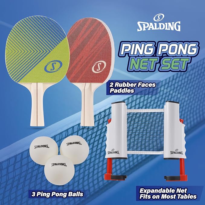 Spalding - Ping Pong Set, Adjustable Table Tennis Net, Rubber Paddles