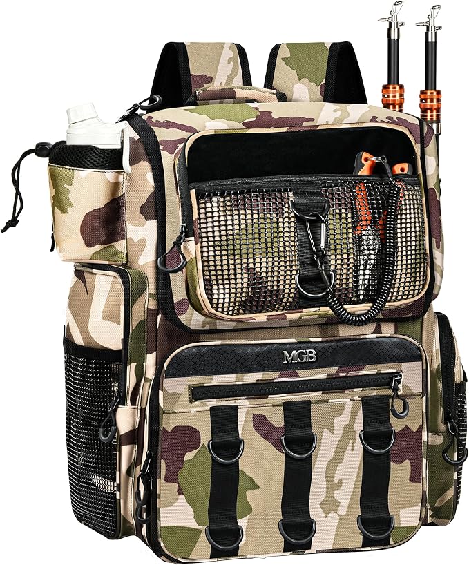 MGB 46L Fishing Tackle Backpack with 2 Rod Holders & YKK Zipper Storage Fishing Gear and Equipment, Gifts for Men Father