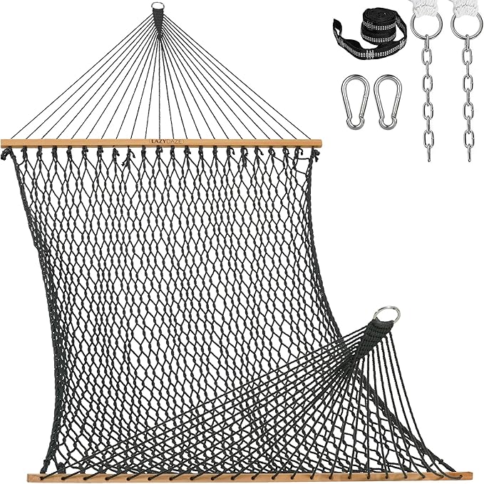 Lazy Daze Hammocks 13-FT Polyester Rope Hammock, Double 2 Person Traditional Hand Woven Outdoor Hammock with Spreader Bar, Carabiners, Tree Straps, Chains for Outside Patio- Max 450 Lbs, Grey