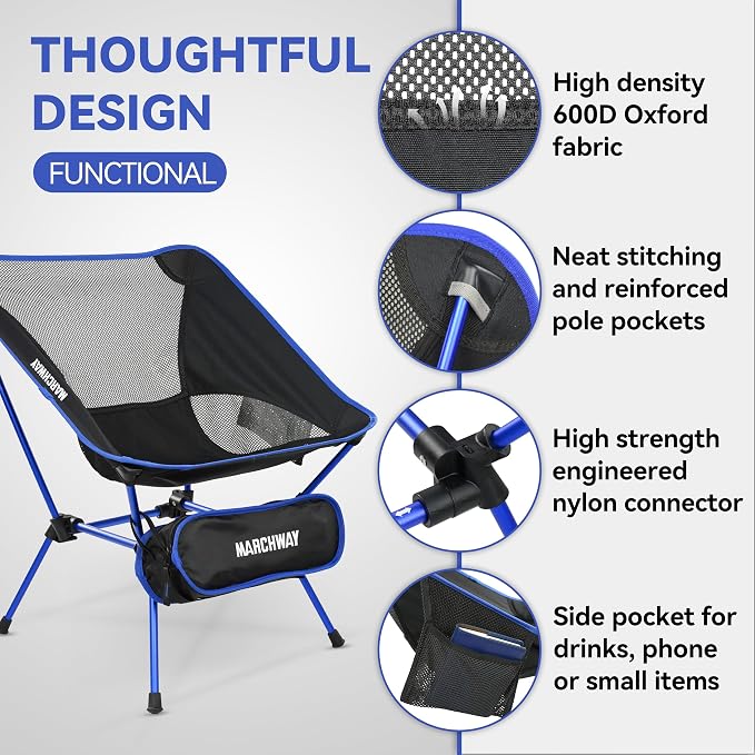 MARCHWAY Ultralight Folding Camping Chair, Heavy Duty Portable Compact for Outdoor Camp, Travel, Beach, Picnic, Festival, Hiking, Lightweight Backpacking (Dark Blue)
