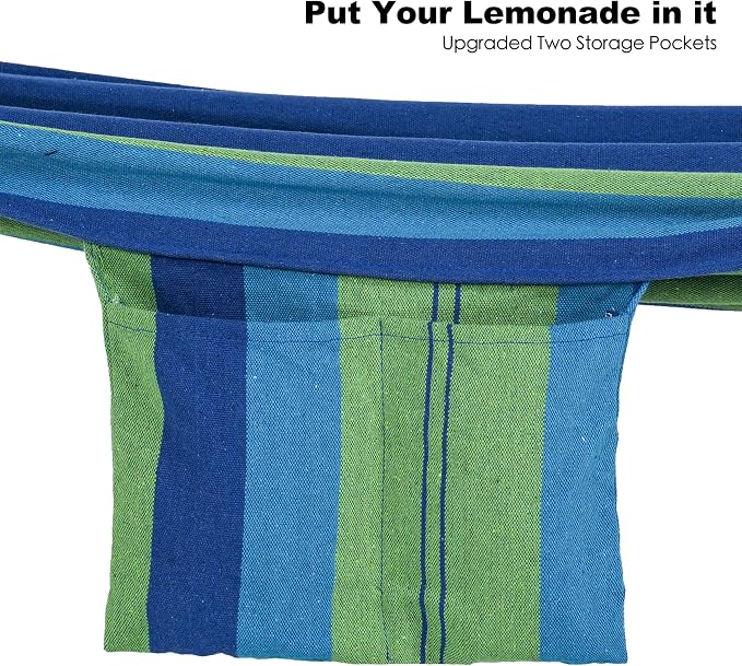 Gafete Double Hammock with Stand for Outside, Upgraded Spreader Bar, Heavy Duty Space Saving Steel Stand 2 Person, Side Pockets, Easy Assembly, 600lbs Weight Capacity, Indoor & Outdoor (Green Blue)
