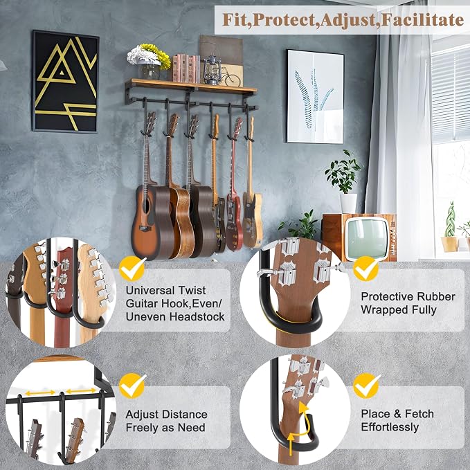Keebofly Guitar Wall Mount Hangers Holds 6 Guitars with Rustic Shelf - 6-Detachable Guitar Hooks Universal Fit for Acoustic, Electric, Bass Guitars & Ukulele (Brown)
