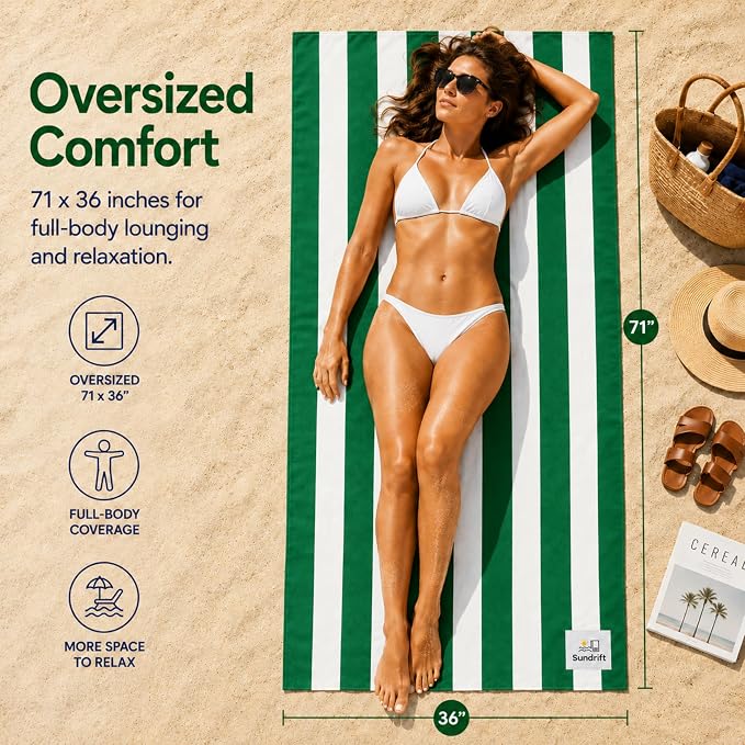 Oversized Microfiber Beach Towel 71x36 Inch, Quick Dry Sand Free Travel Towel, Lightweight Sueded Beach Blanket for Pool, Camping, Yoga & Beach Trips (Green/White)