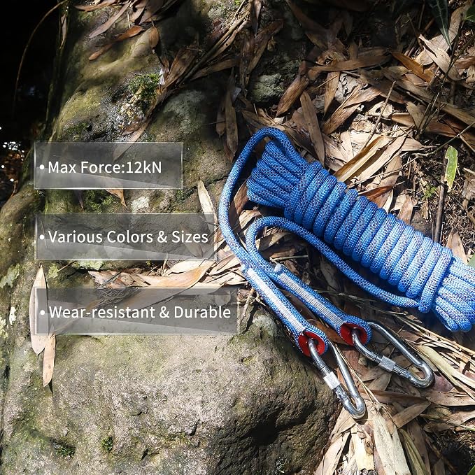 NewDoar Climbing Rope 8(5/16in),10mm (3/8in), High Strength Accessory Cord Rope with 2 Steel Hooks, for Outdoor Rescue Rappelling Rope Down Cliffs ledges Safety Escape Tow Strap Equipment(Blue)