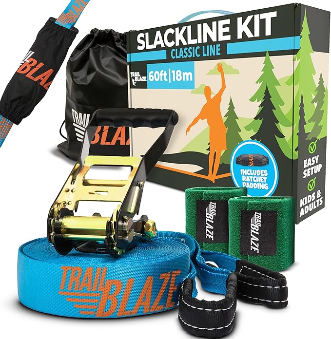 Complete Ninja Slackline Kit - 60ft Slack Line for Backyard for Kids & Adults - Wider Tree Protectors Slackline Kit for Ninja Warrior Obstacle Course for Kids Outdoor Playset (Essential Kit - Blue)