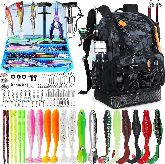 Fishing Backpack with Tackle Boxes and Rod Holder, Cooler, 30L Large Tackle Bag with Fishing Gear Lures Kit, Waterproof Bottom tackle Backpack Fish Set Gifts for Men Women-Camo Back Pack