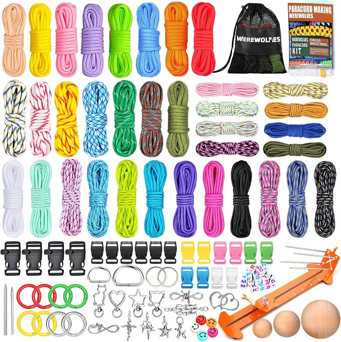 WEREWOLVES Paracord Bracelet Jig Kit - 4MM, 3MM, 2MM Parachute Combo Kit, 10FT Rope Complete Accessories and Paracord Jig Bracelet Maker (Candy, 10FT-35 Color)