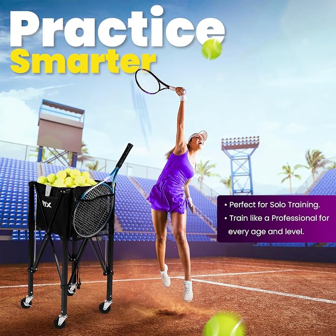 Tennis Ball Cart | Pickleball Ball Hopper | 150 Ball Capacity | Multiple Storage Pockets | Carrying Bag | Sturdy Pickleball Cart with Wheels | Ball Caddy for Practice & Training