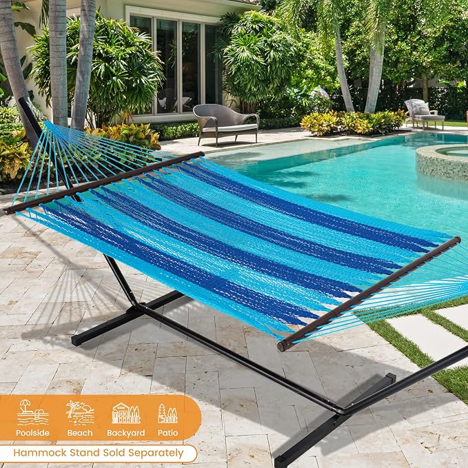 Lazy Daze Hammocks 10.5 FT Double 2 Person Caribbean Rope Hammock, Hand Woven Polyester Hammock with Spreader Bars, for Outside Outdoor Backyard Patio Poolside, 450 LBS Capacity, Blue/SkyBlue