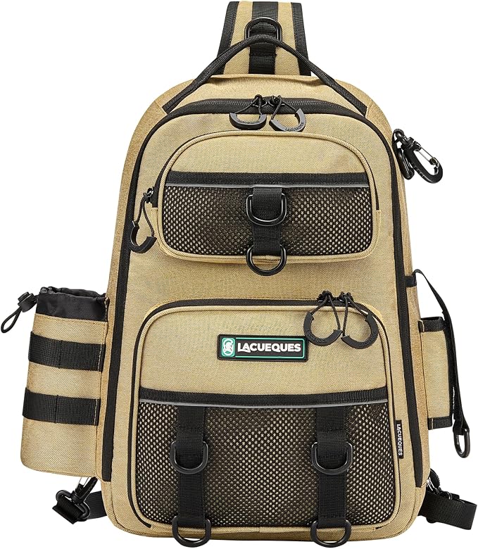 22L Wading Fishing Tackle Sling Bag, Holds 3x 3700 Boxes, Tan | Hands Free Lure Casting, Large Crossbody Shoulder Backpack with Rod Holder, Water Bottle Holder, 12 Heavy Duty D Rings
