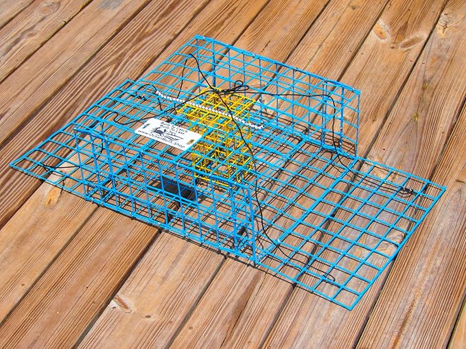 Folding Bridge Blue Crab Trap, Heavy-Duty Metal Wire Mesh Drop-Net, Collapsible Foldable Design, 15" x 15" x 7"