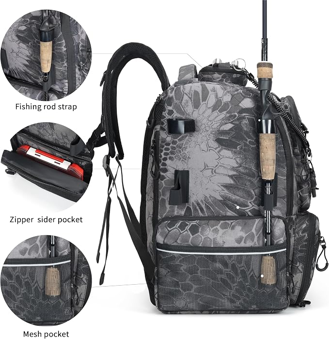 Rabjen Fishing Tackle Backpack, 45L Storage Waterproof Travel Bag Store Fishing Gear with Insulated Top Pocket