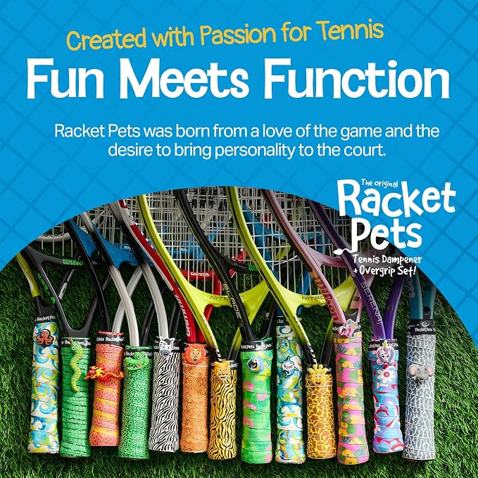 Racket Pets Kids Tennis Racket Dampener & Matching Overgrip Tape, Performance Shock Absorbing Dampener for Tennis Racket & Fun Animal Print Tennis Wrap Grip Tape