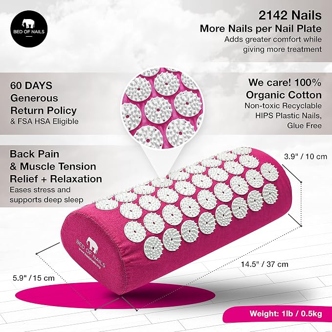 Bed of Nails Acupressure Pillow – Original Bon Acupressure Design with 2142 Precision Nails, 15 x 6 x 4", Pink