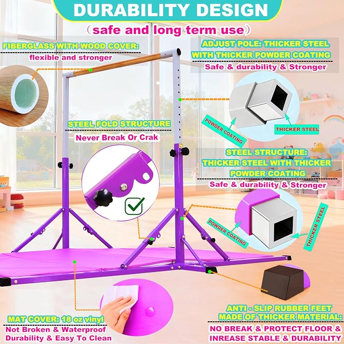 Marfula Gymnastic Bar For Kid and Teenage of 3-25, 5Ft/8 FT Base Length 4Ft Width 5Ft Adjust Height, Gymnastic Kip Bar For Gymnast, Gymnastic Training Equipment For Professional Training Home Club Use