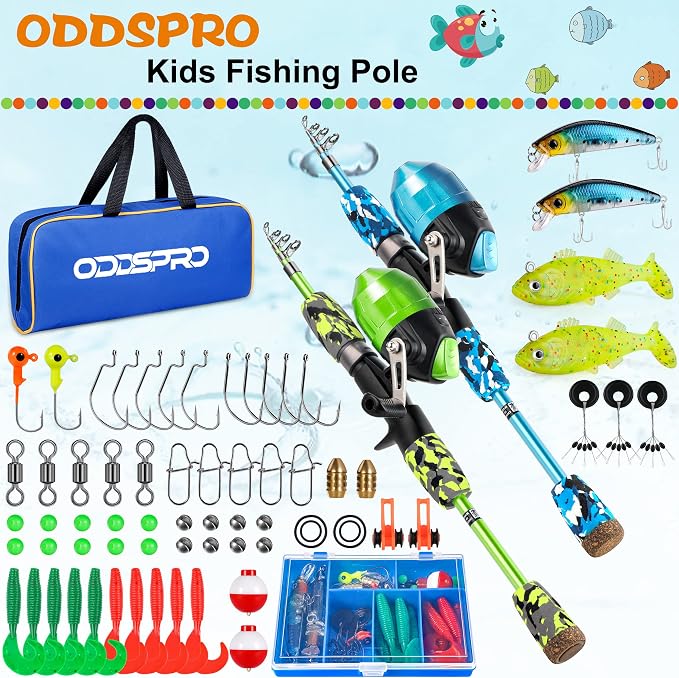 ODDSPRO Kids Fishing Pole - Portable Telescopic Kids Fishing Rod and Reel Combo Kit - with Spincast Fishing Reel Tackle Box for Girls, Youth
