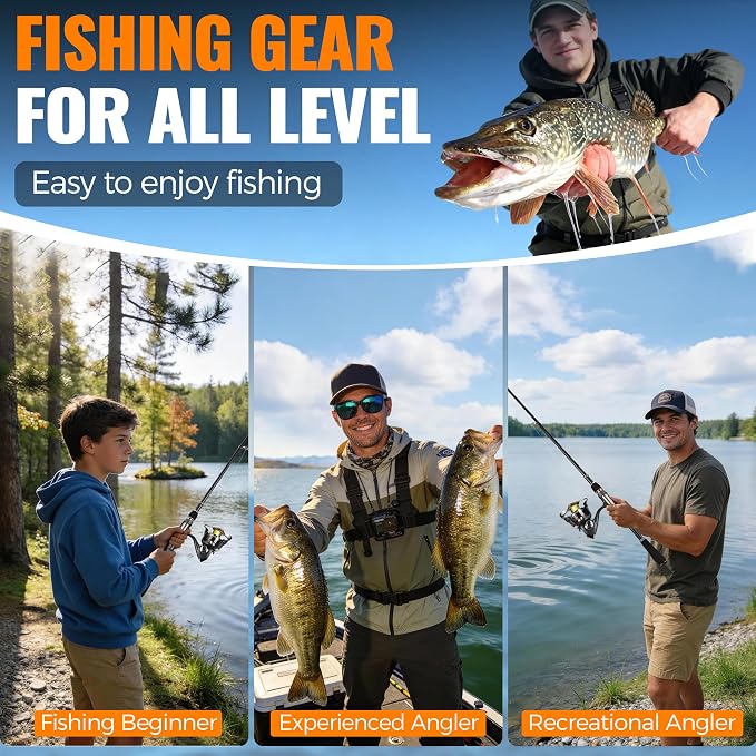 PLUSINNO Fishing Rod and Reel Combo Pole Gear Kit Telescopic Beginner | Portable All-in-One Fishing Equipment, with Freshwater Bass Trout Lures Kit Floating Net, with Carrying Case, Gifts for Men