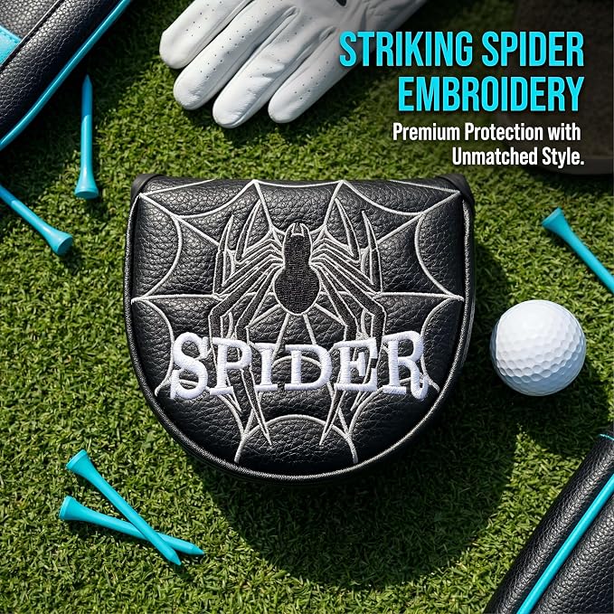 Vesperlux Spider Golf Headcovers Driver Wood Hybrid Iron | Waterproof Leather, Magnetic Putter Cover, Anti-Slip Fit, Full Protection, Durable, Fits Alignment Stick, Men's Golf Gift