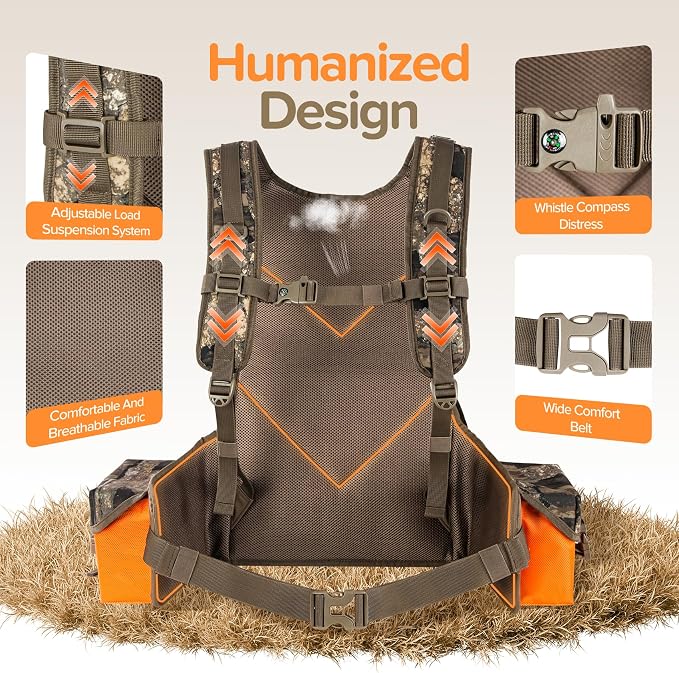 Upland Hunting Vest Backpack - Durable Orange Camo Game Vest with Multiple Pockets, Adjustable Fit, Bird Hunting Vest for Men
