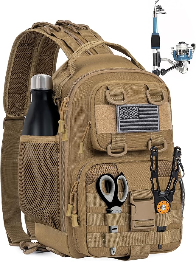 GMAK Fishing Backpack Tackle Sling Bag, Tactical Fishing Tackle Backpack with Rod & Gear Holder, Lightweight Outdoor Water-Resistant Tackle Gear Pack Shoulder Bags for Men Women, Khaki