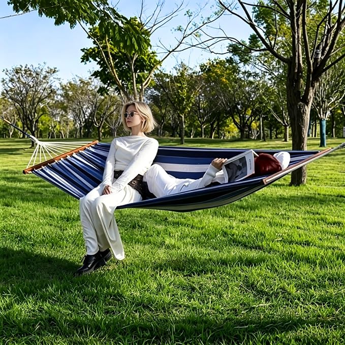 Lazy Daze Hammocks Cotton Fabric Double Hammock with 55" Spreader Bar, Portable Camping Hammock with Carrying Bag & Tree Straps for Patio, Backyard, Balcony, 450lbs Capacity, Blue