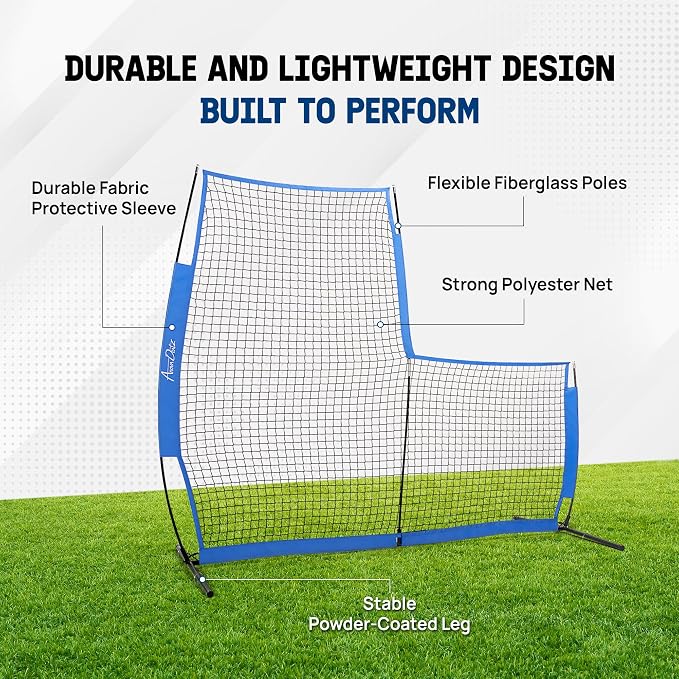 Portable L-Screen Baseball 7x7ft with 2 Baseballs, Rubber Wheels - L Screen Baseball for Batting Cage, Protective Pitching Screen Net Double Layers, Carry Bag Included