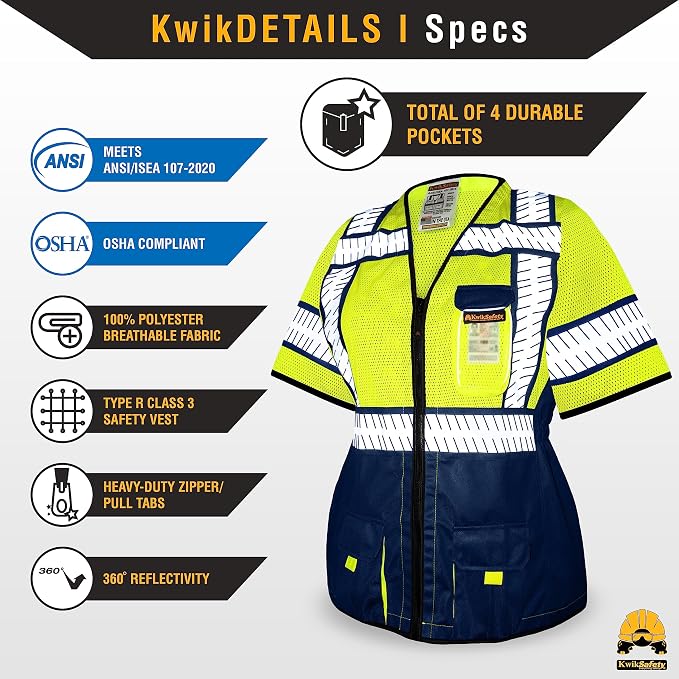 KwikSafety - Charlotte, NC - SHERIFF Class 3 Safety Vest for Women [REFLECTIVE FISHBONE TAPE] ANSI Tested OSHA Compliant Hi Vis PPE Work Gear/Blue XL