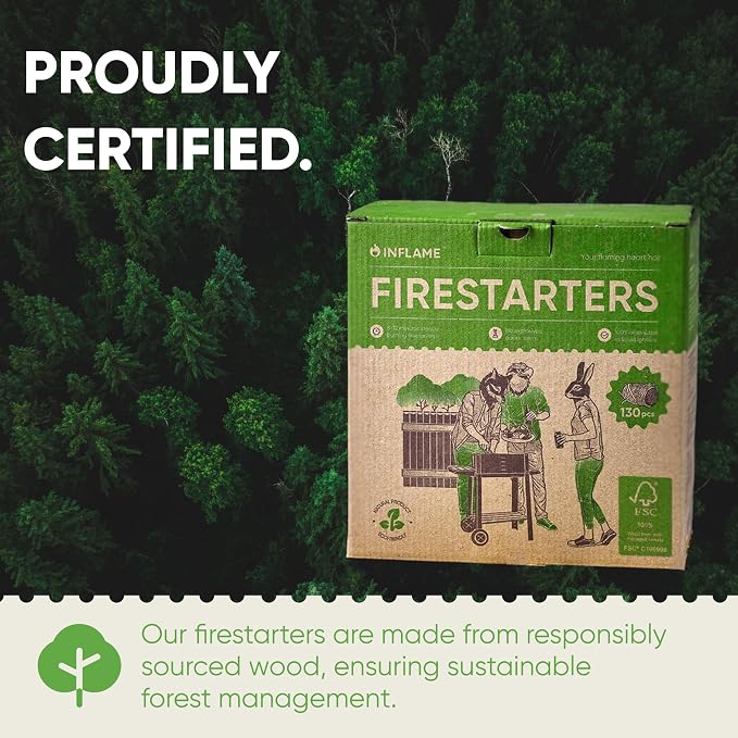 Inflame Fire Starters 130 pcs - Fire Starters for Campfires, Charcoal, Grill, BBQ, Fireplace, Chimney, Woodstove - Waterproof, Weather-Resistant - Natural Wood Starters