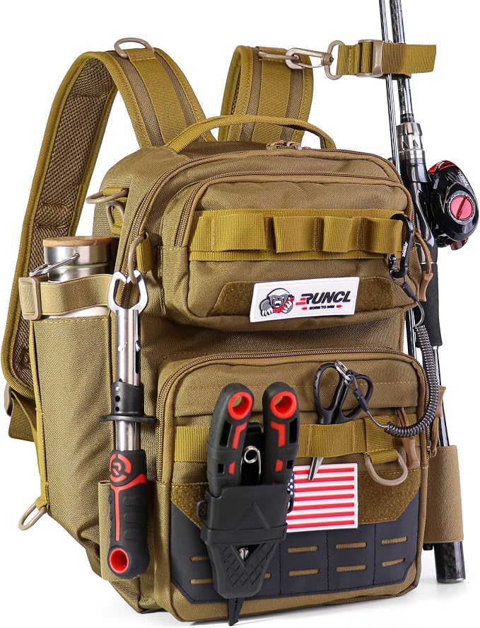 RUNCL Fishing Tackle Backpack, Lightweight Portable Gear Bag, Soft & Comfortable All Day Carry Design, Large Capacity Multi-Pocket Organizer Storage for Bass Fishing, Kayak, Bank & Shore Anglers