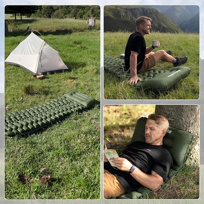 Naturehike Double Camping Sleeping Pad, Ultralight Inflatable Sleeping Mat with Pillow, Built-in Foot Pump, 3.74 Inch Lightweight Air Mattress for Camping, Backpacking, Hiking, Traveling
