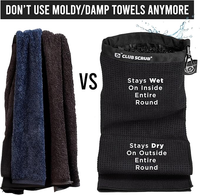 Club Scrub Towel Pro, Golf Club and Ball Cleaning Pouch with Attached Towel, Waterproof Exterior, Waffle-Weave Microfiber (Black)