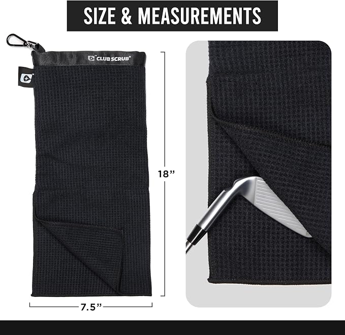 Club Scrub Towel Pro, Golf Club and Ball Cleaning Pouch with Attached Towel, Waterproof Exterior, Waffle-Weave Microfiber (Black)
