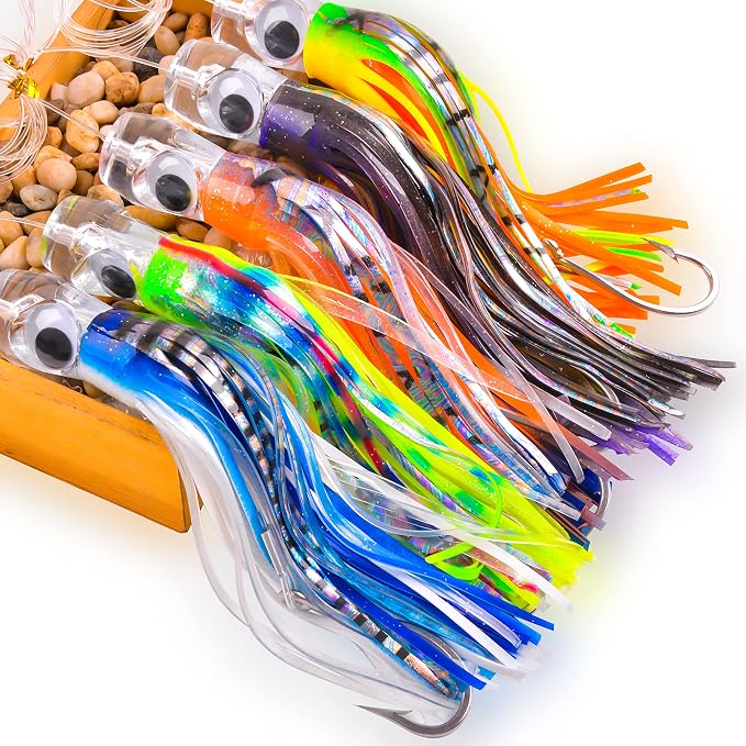 Trolling Lures Saltwater for Tuna Mahi Marlin Wahoo Dolphin Shark Offshore Trolling Baits with Squid Skirt Big Game Fishing Lures Deep Sea Squid Skirts Rig 6/9 inch